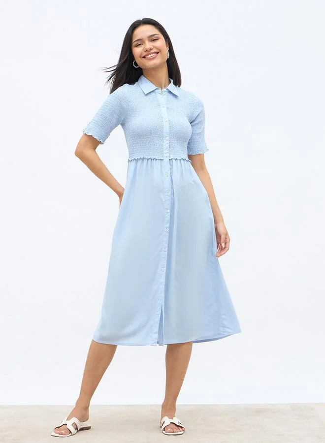 Styli Styli Solid Smocked Shirt Midi Dress with Lettuce Edge