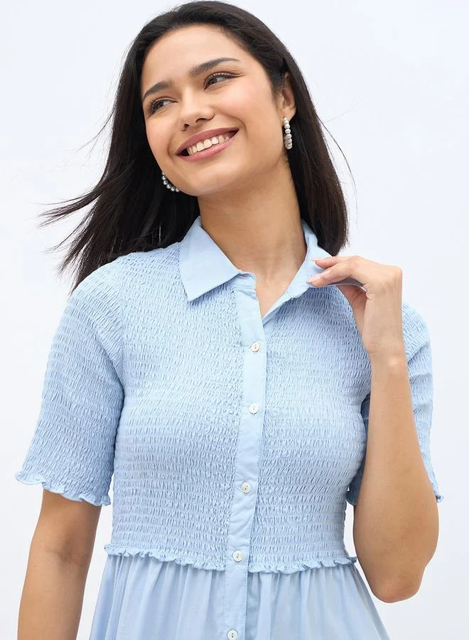Styli Styli Solid Smocked Shirt Midi Dress with Lettuce Edge