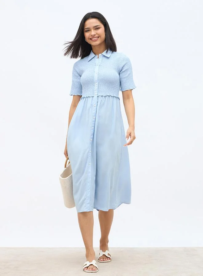 Styli Styli Solid Smocked Shirt Midi Dress with Lettuce Edge