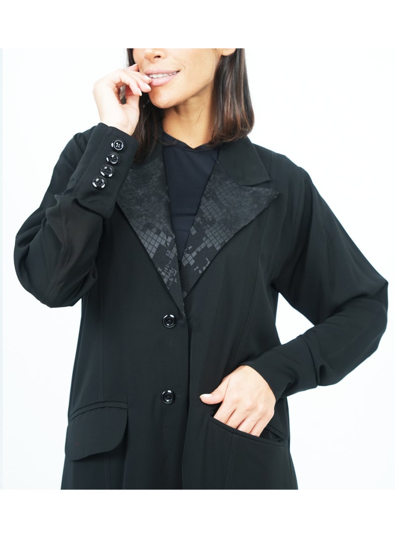 Rosette Abaya Blazer Style Abaya with Collar & Button Design - Image 2