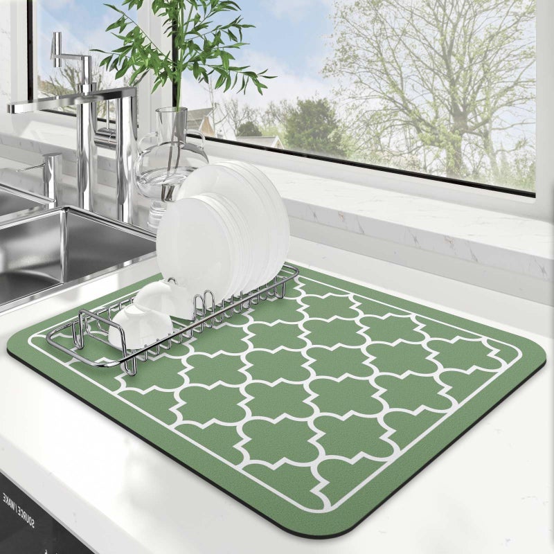 WISELIFE Dish Drying Mat Super Absorbent Drying Mat Large Dish Drying Mats for Kitchen Counter Easy Clean Dish Mat Kitchen Drying Mat15"x 18" Stylish Green - Image 1