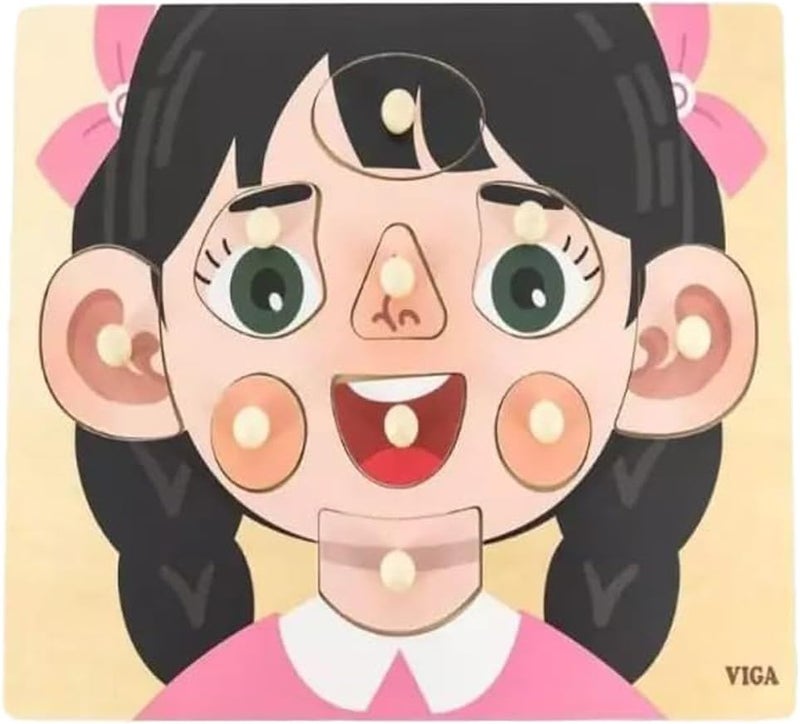 VIGA Girls Face 10 Piece Knob Puzzle - Montessori Wooden Toy for Kids - Image 1