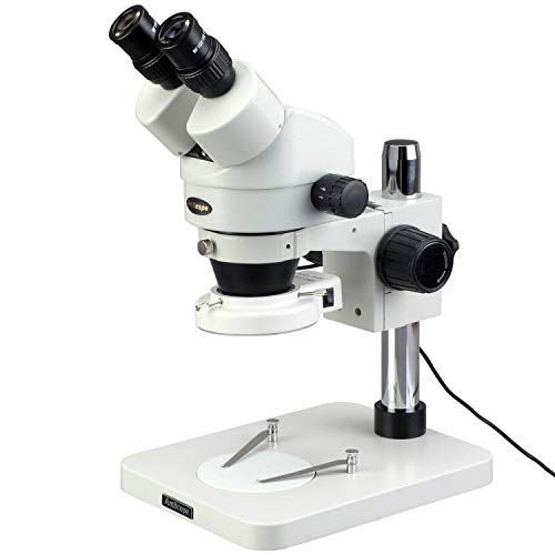 AmScope ميكروسكوب ستيريو زووم ثنائي العدسات احترافي AmScope SM-1BSX-64S، عدسات WH10x، تكبير 3.5X-45X، عدسة زووم 0.7X-4.5X، ضوء حلقة LED بـ 64 لمبة، قاعدة عمودية، تشمل عدسة بارلو 0.5x - Image 1
