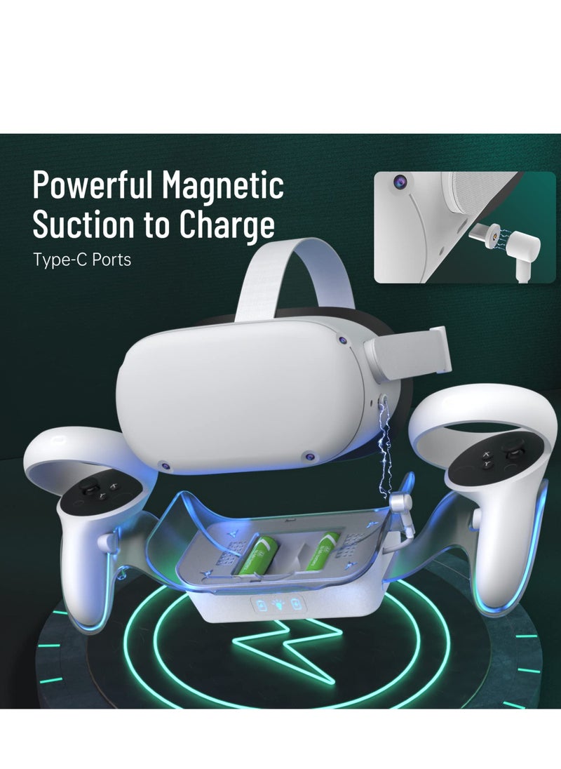 SYOSI VR Charging Dock for Oculus Quest 2, LED Light Enhanced Headset Display Fast Charging Stand Touch Controller Mount Accessories for Meta Quest 2, 2 Rechargeable Batteries, Magnetic Type-C Connector  - Image 2