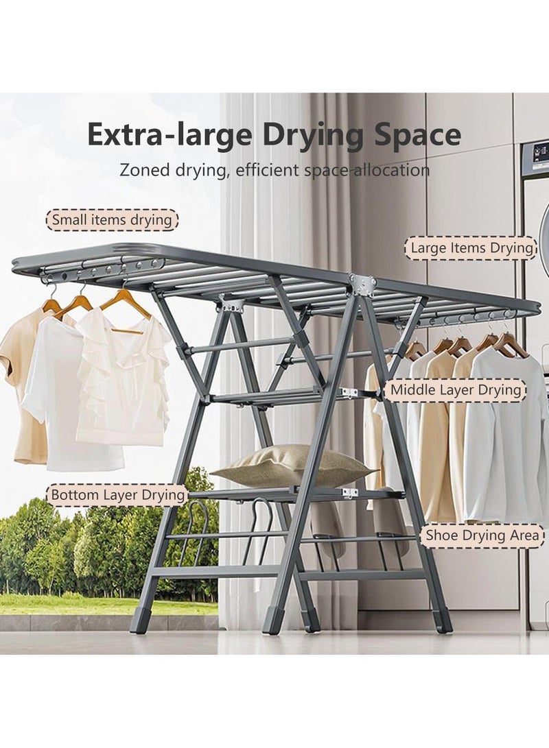 كاربون حامل تجفيف ملابس من 3 طبقات، عرض 150/180 سم، رف تجفيف ملابس من الستيل الكربوني، رفوف تجفيف ملابس قابلة للطي للاستخدام الداخلي والخارجي - Image 1