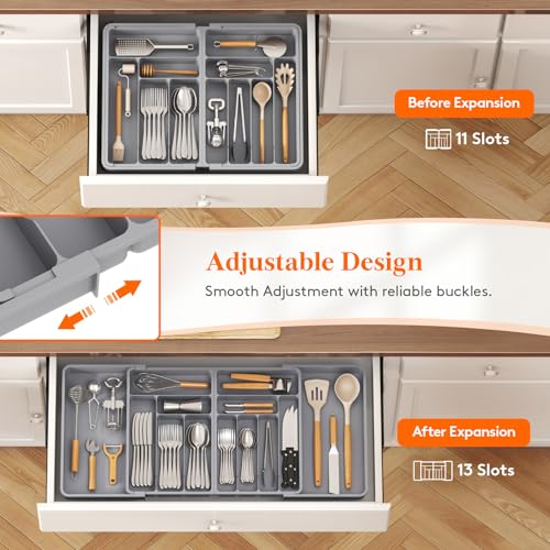 Lifewit Silverware Drawer Organizer, Expandable BPA Free Plastic Utensil Tray for Kitchen, Adjustable Flatware Cutlery Holder for Spoons Forks Knives, 21.3- 36 x 16.9", Gray - Image 4