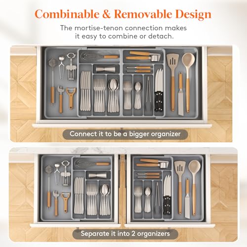 Lifewit Silverware Drawer Organizer, Expandable BPA Free Plastic Utensil Tray for Kitchen, Adjustable Flatware Cutlery Holder for Spoons Forks Knives, 21.3- 36 x 16.9", Gray - Image 5