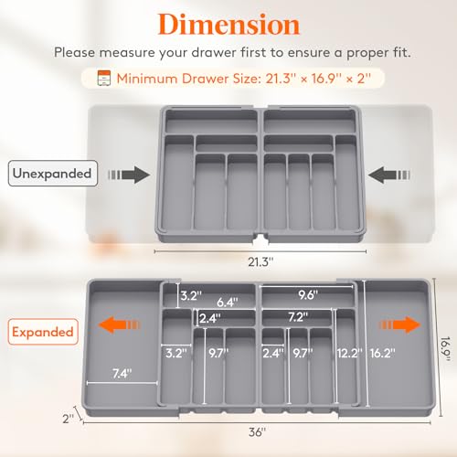 Lifewit Silverware Drawer Organizer, Expandable BPA Free Plastic Utensil Tray for Kitchen, Adjustable Flatware Cutlery Holder for Spoons Forks Knives, 21.3- 36 x 16.9", Gray - Image 2