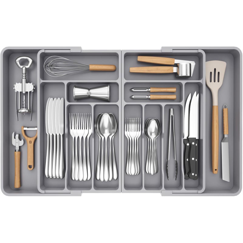 Lifewit Silverware Drawer Organizer, Expandable BPA Free Plastic Utensil Tray for Kitchen, Adjustable Flatware Cutlery Holder for Spoons Forks Knives, 21.3- 36 x 16.9", Gray - Image 3