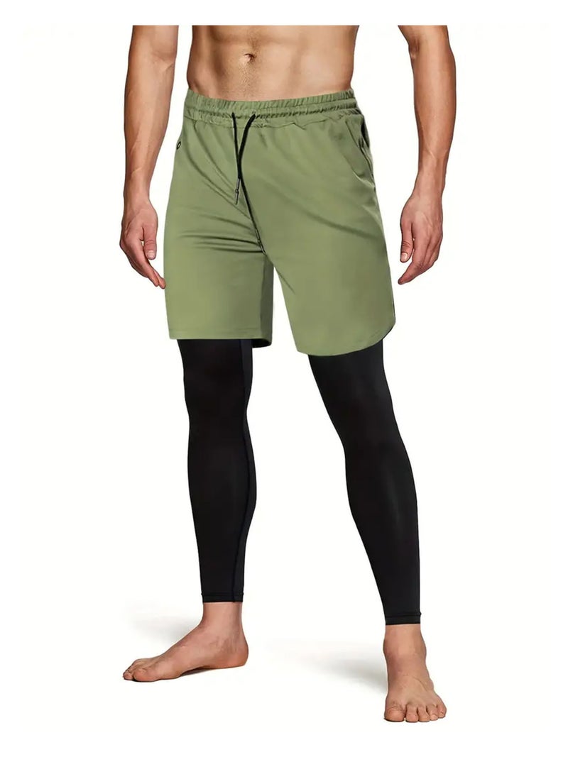 Men'S Two-In-One Long Pants, Four-Season Style, Double-Layer Sports Fitness Casual Breathable Training Base Layer, Comfortable And Tight-Fitting - Image 1