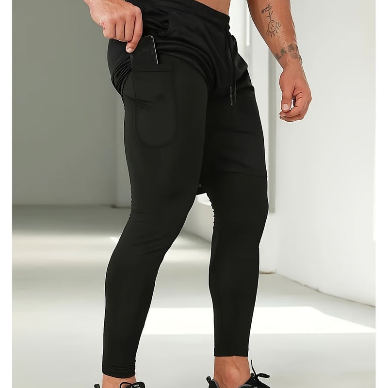 Men'S Two-In-One Long Pants, Four-Season Style, Double-Layer Sports Fitness Casual Breathable Training Base Layer, Comfortable And Tight-Fitting - Image 3