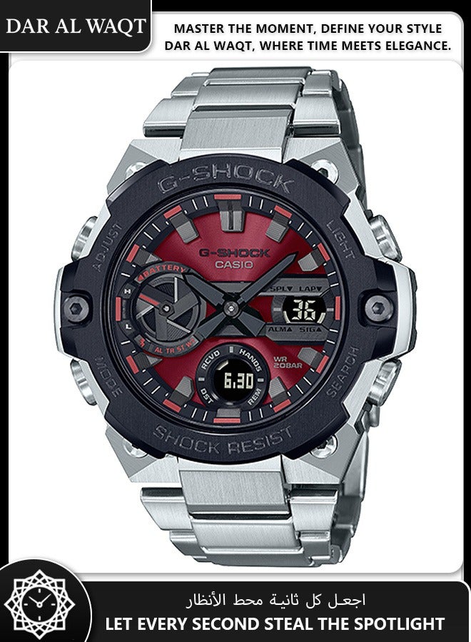 Casio G-STEEL GST-B400AD-1A4 Ultra-Slim Carbon Core Watch - 12.9mm Thin, Bluetooth Solar, Red Vapor Dial, Black IP Bezel - Image 1