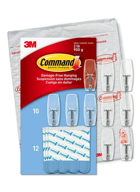 Command Medium Clear Wire Toggle Hooks,10 Hooks and 12 Command Strips, Damage Free Hanging Wall Hooks with Adhesive Strips, Adhesvie Hooks for Hanging Christmas Decorations, Holds up to 2 lb