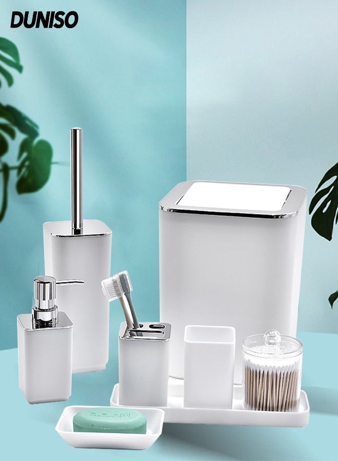 DUNISO 8 Pieces Bathroom Accessories Set with Tray,Luxury Plastic Bath Set Including Soap Dish,Toothbrush cup, Toothbrush Holder, Soap Dispenser, Toilet Brush with Holder, Garbage Bin (White) - Image 1