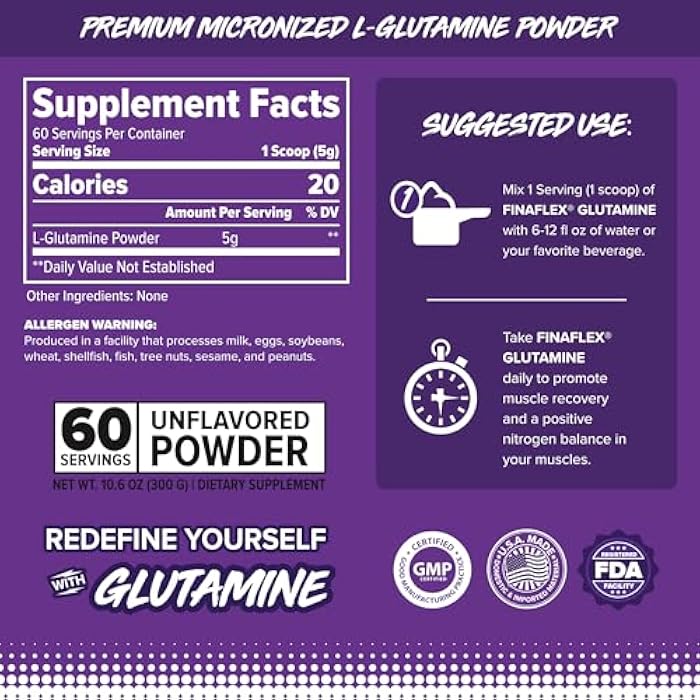 FINAFLEX Pure GLUTAMINE, Unflavored Powder - 10.6 oz - Reduces Muscle Breakdown & Supports Nitrogen Levels - 100% Pure L-Glutamine - 60 Servings - Image 2