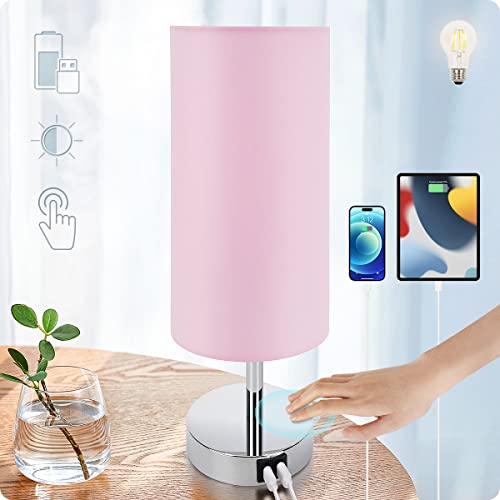 Yarra-Decor Bedside Lamp with USB Port - Touch Control Table Lamp for Bedroom 3 Way Dimmable Nightstand Lamp with Round Pink Fabric Shade for Living Room, Dorm, Home Office (LED Bulb Included) - Image 1