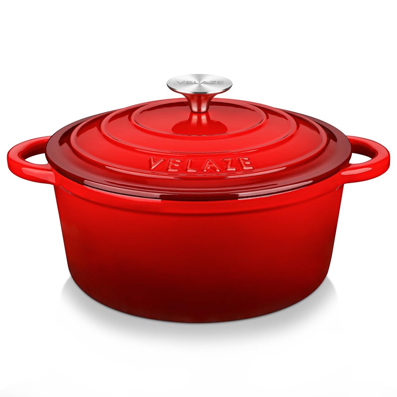 Velaze Casserole Dishes with Lids Oven Proof Classic Red Enamel Dutch Oven Non Stick Enamel Coating Good Sealing Lightweight for All Heat Source Pots Body Cast Iron Soup Pot 4 LRed