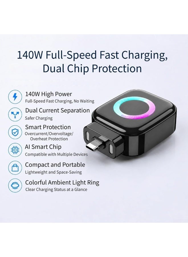ACLIX Smart Auto-Stop USB-C Charger Adapter, 140W with AI Off, Dynamic LED Indicator, Compact Fast Charger for Safe Overnight Charging, Preventing Battery Aging and Extending Device Lifespan | Black - Image 2