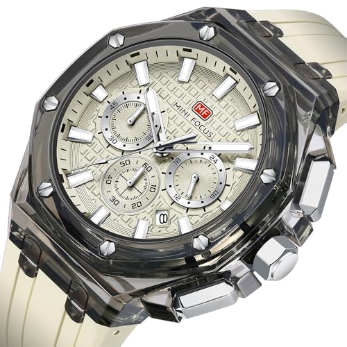 MASTOP Men Watches Multifunction Transparent Analog Display Orange Silicone Strap Calendar Chronograph Luminous Quartz Waterproof Trend Wrist Watches for Men Colorful Cool Dress Watch (Transparent Off white) - Image 2