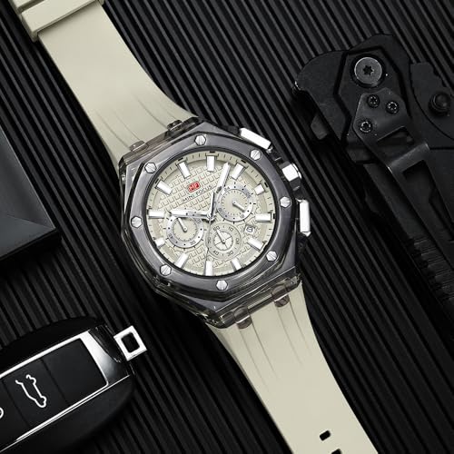 MASTOP Men Watches Multifunction Transparent Analog Display Orange Silicone Strap Calendar Chronograph Luminous Quartz Waterproof Trend Wrist Watches for Men Colorful Cool Dress Watch (Transparent Off white) - Image 3