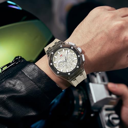 MASTOP Men Watches Multifunction Transparent Analog Display Orange Silicone Strap Calendar Chronograph Luminous Quartz Waterproof Trend Wrist Watches for Men Colorful Cool Dress Watch (Transparent Off white) - Image 4