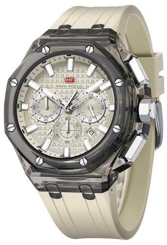 MASTOP Men Watches Multifunction Transparent Analog Display Orange Silicone Strap Calendar Chronograph Luminous Quartz Waterproof Trend Wrist Watches for Men Colorful Cool Dress Watch (Transparent Off white) - Image 1