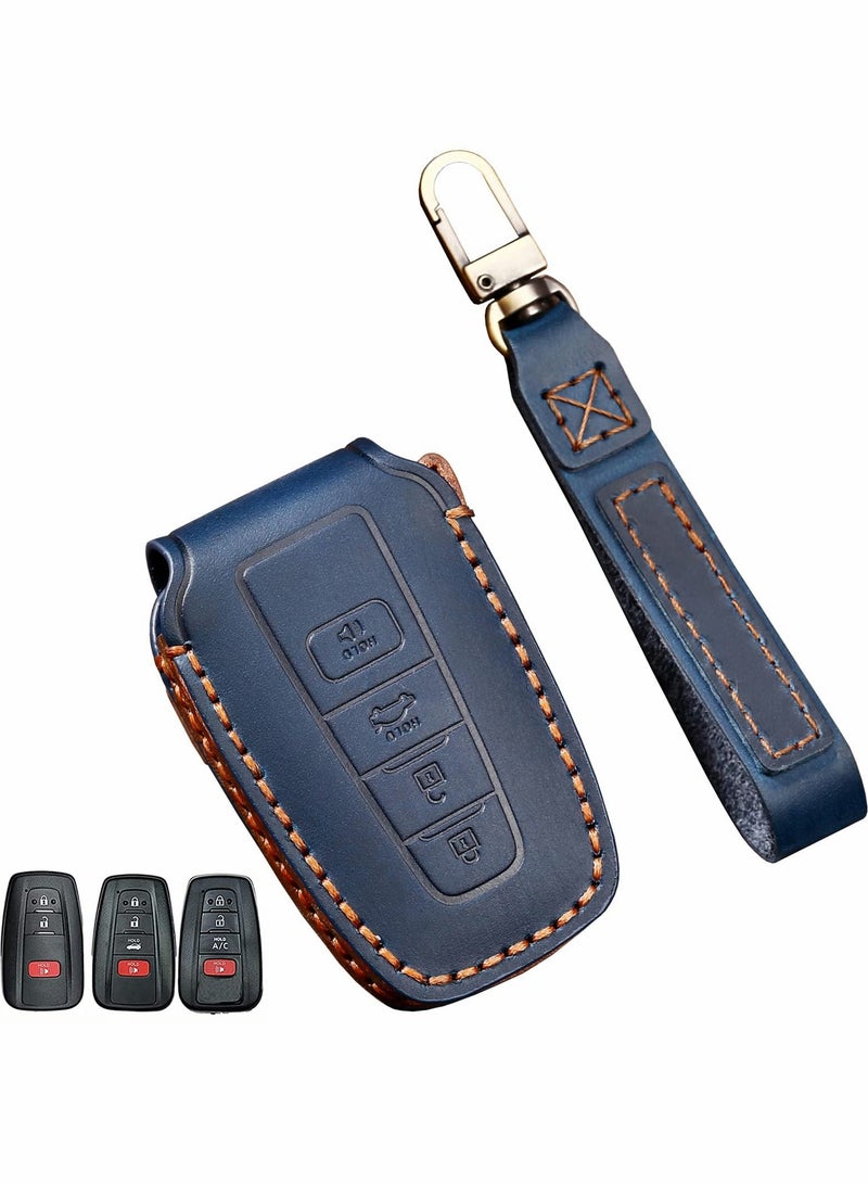 شو وو Leather Car Key Case for Toyota RAV4, Handmade with Fob Compatible Highlander Camry Corolla Avalon C-HR Prius GT86 (Blue) - Image 1