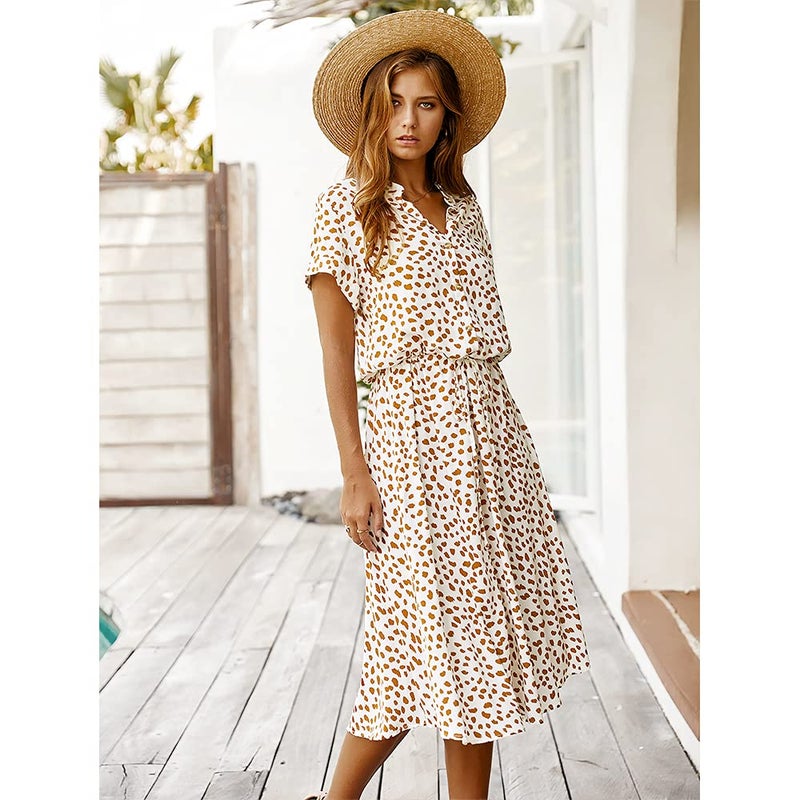 BROVAVE Women's Summer Polka Dot Print Shirt Dress Vintage Short Sleeve Button Down Midi Dress(White, XL) - Image 2