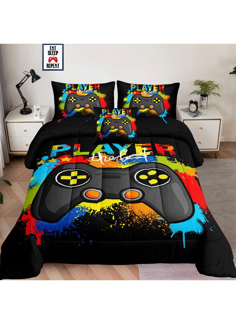 lris Bedding 5 Pieces Bed in a Bag for Gaming Bedding Set Boys Gamer Comforter Set with Flat Sheet Fitted Sheet Pillowcases Cushion Cover Game Console Pattern Bed Set for Kids Boys Room Decor  - Image 1