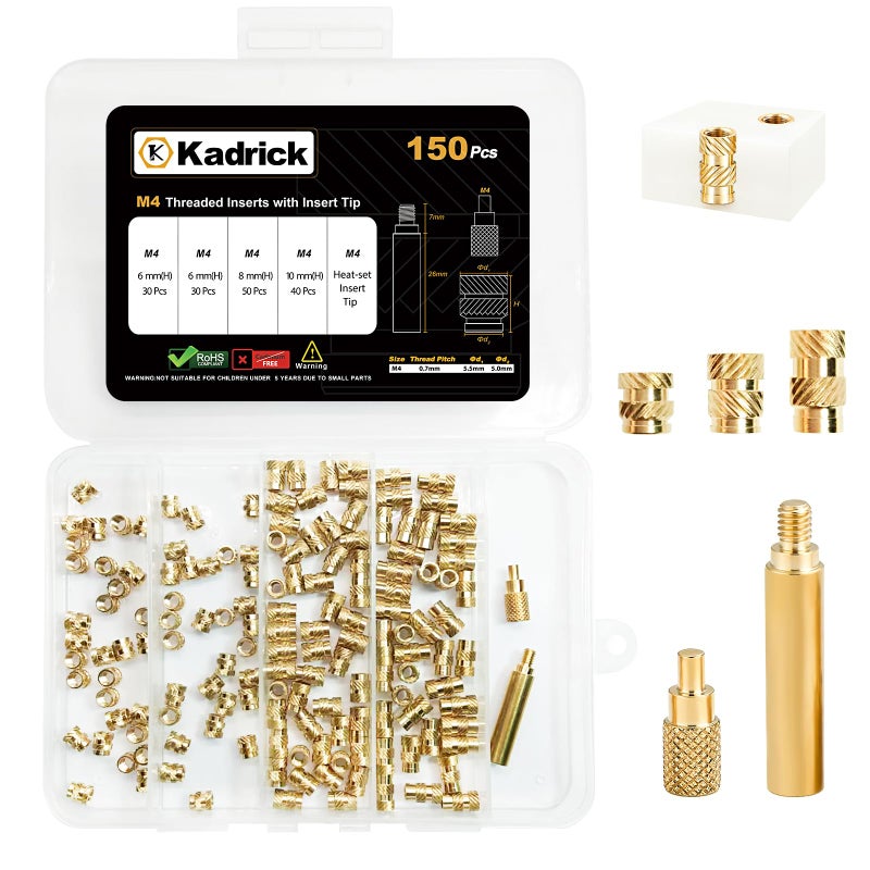 Kadrick 150 Pcs M4 Threaded Inserts For Plastic With Heat Set Tip M4*(6Mm-10Mm Hight)*5.5Mm Heat Set Inserts Kit Brass Inserts For 3D Pringting - Image 1