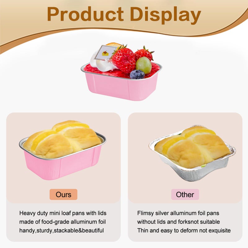 OBXMLFY mini loaf pans with lids and spoons 50 Pack,5.5 oz Rectangle mini individual cake tins Disposable Small Aluminum Foil Baking pans(50, Pink) - Image 5