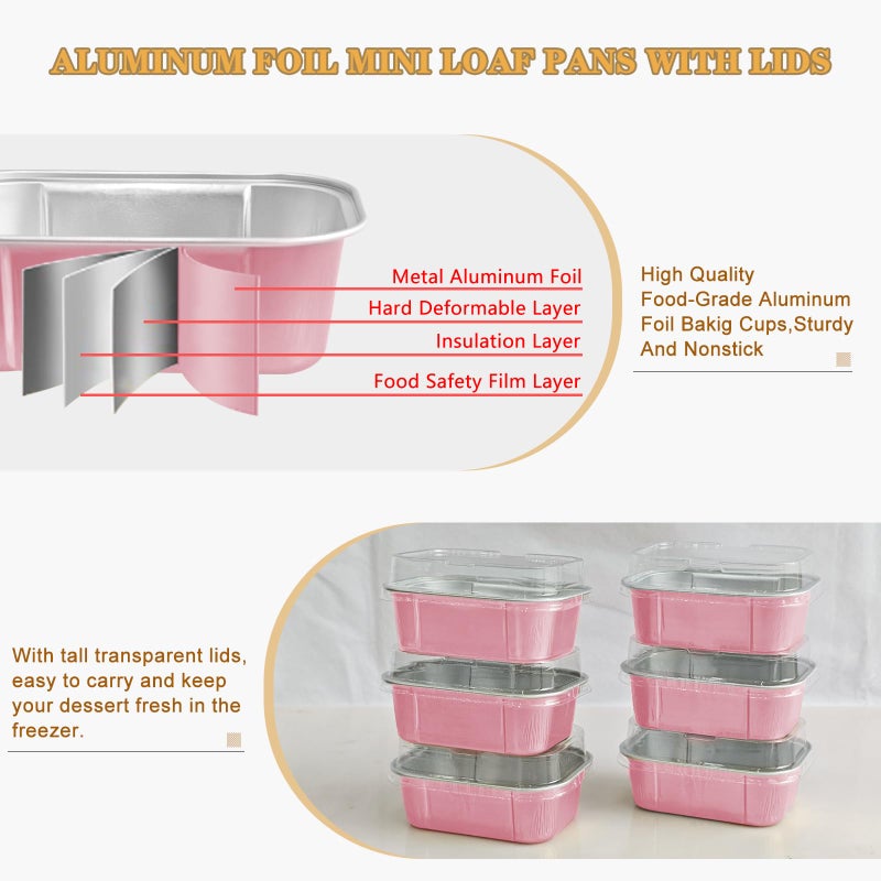 OBXMLFY mini loaf pans with lids and spoons 50 Pack,5.5 oz Rectangle mini individual cake tins Disposable Small Aluminum Foil Baking pans(50, Pink) - Image 3