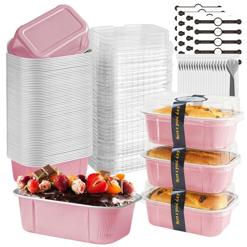 OBXMLFY mini loaf pans with lids and spoons 50 Pack,5.5 oz Rectangle mini individual cake tins Disposable Small Aluminum Foil Baking pans(50, Pink) - Image 1