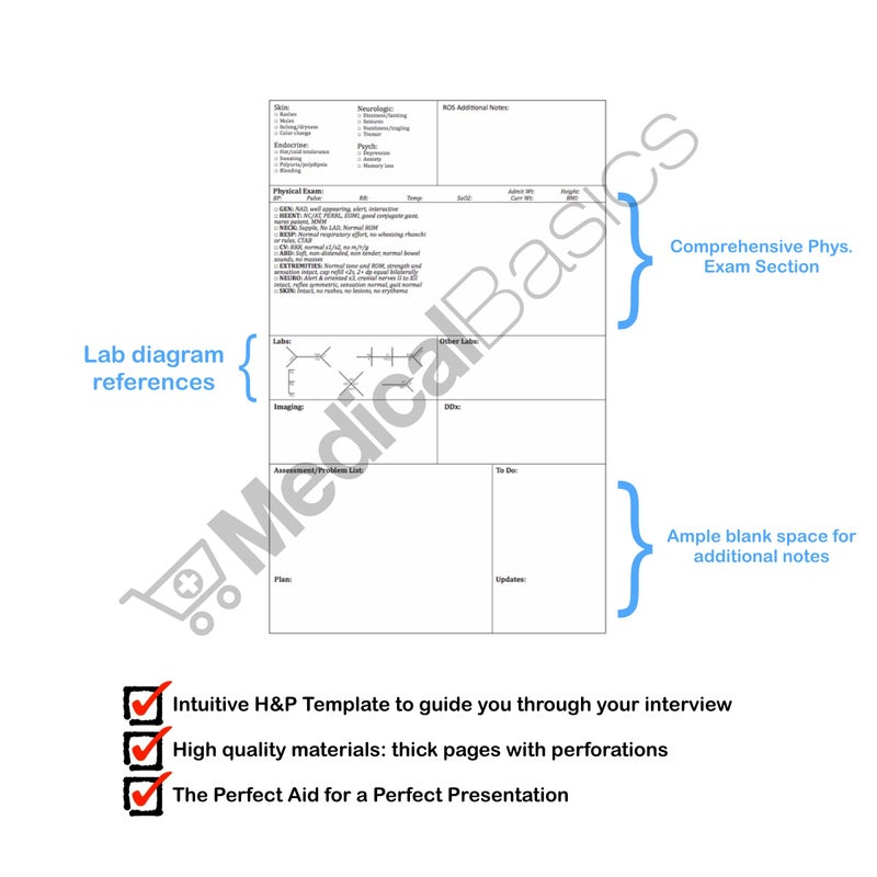 Medical Basics H&P notebook - Medical History and Physical notebook, 100 medical templates with perforations - Image 3