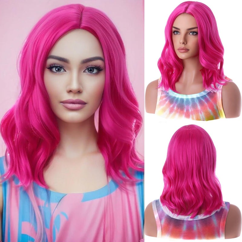 BERON بارون باروكة نسائية وردية قصيرة مجعدة ومتموجة للشعر للفتاة مع جزء جانبي باروكة وردية ساخنة مقاومة للحرارة باروكات صناعية للحفلات أو الكوسبلاي أو الاستخدام اليومي