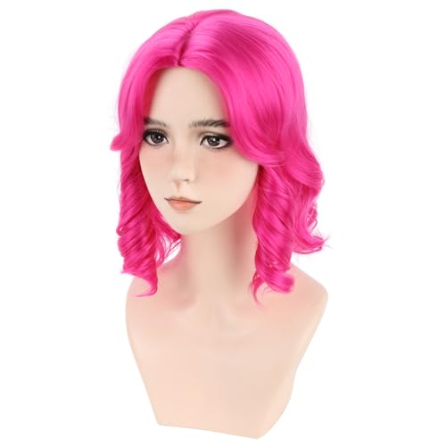 BERON Pink Womens Wig Short Curly Wavy Bob Hair Wig for Girls Middle Part Hot Pink Heat Resistant Synthetic Wigs for Party Cosplay or Daily Use Wig - Image 1