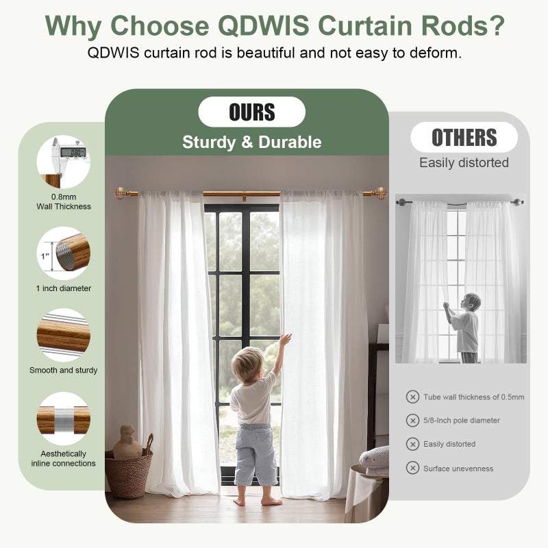 QDWIS Gold Curtain Rods for Windows 48 to 84 Inch,1'' Diameter Drapery Rods with Imitation Wood Grain Leaf Pattern Finials,Boho Adjustable Heavy Duty Curtain Rods Set,36-88'',Antique-Gold Wood - Image 4