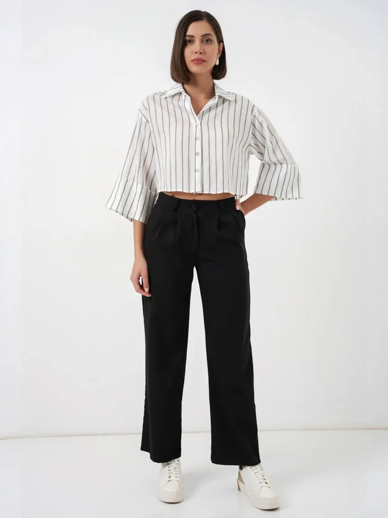 بيغ دارت BDART Oversized Striped Cropped Shirt with Button Closure
