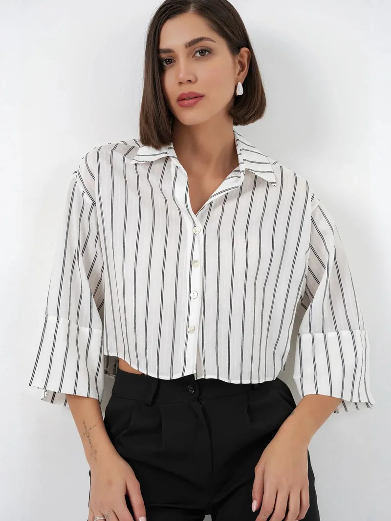 بيغ دارت BDART Oversized Striped Cropped Shirt with Button Closure