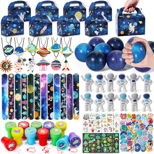 Golray 134pcs Space Party Favors with Box Stress Balls Erasers Luminous Tattoos Stamps Necklaces Bracelets Outer Space Birthday Decorations Gift Goodie Bag Stuffers Astronaut Toys for Kids Boys Girls - Image 1