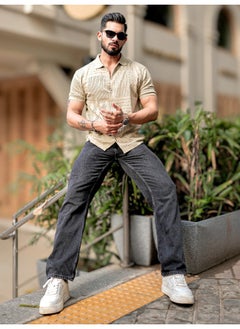 Maniac Mens 3/4th Sleeve Beige Wrap Flat Knit Cotton Shirt  - Image 5