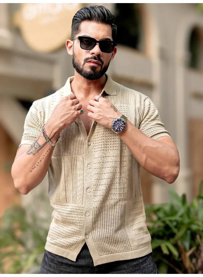 Maniac Mens 3/4th Sleeve Beige Wrap Flat Knit Cotton Shirt