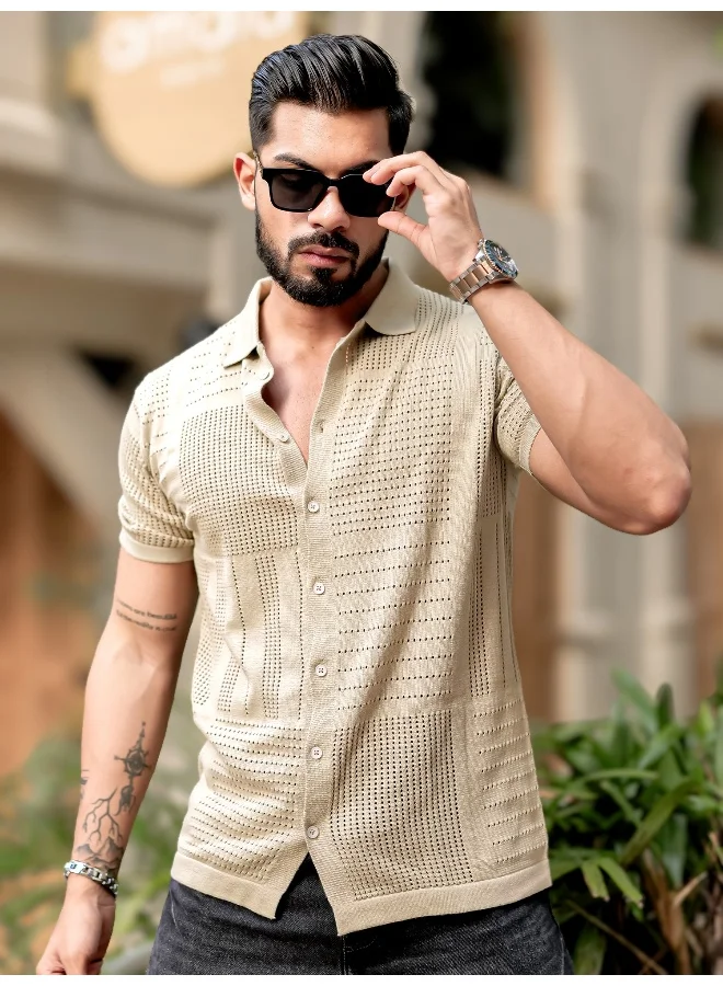Maniac Mens 3/4th Sleeve Beige Wrap Flat Knit Cotton Shirt