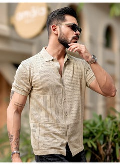 Maniac Mens 3/4th Sleeve Beige Wrap Flat Knit Cotton Shirt  - Image 4