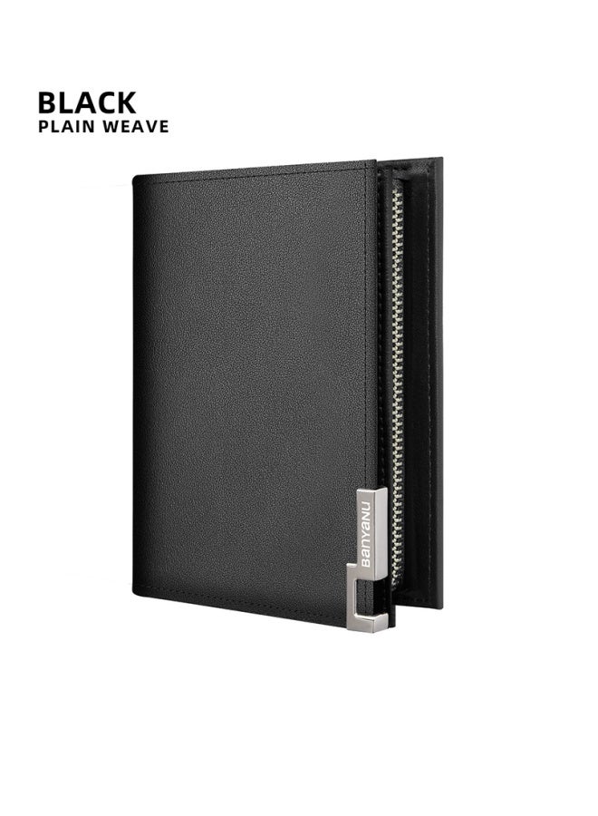 banyanu Cowhide Men's Wallet, Multifunctional Wallet Card Case, Integrated Short Wallet, Black - Flat Grain - Image 1