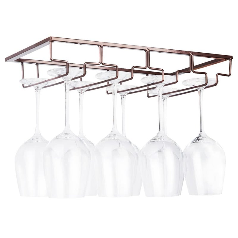 FOMANSH Wine Glass Rack Under Cabinet  Stemware Holder Metal Wine Glass Organizer Glasses Storage Hanger for Bar Kitchen Brown 4 Rows