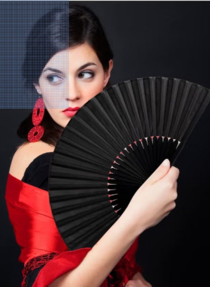 Vitacelli 2 Pieces Folding Hand Fan, Black Silk Fabric Bamboo Ribs Hand Held, Chinese Japanese Vintage Silk Fans Fan for Wedding, Dancing, Church, Party, Gift Gift, DIY Creating - Image 1