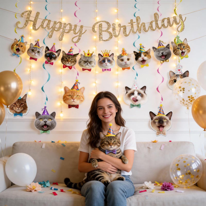 Alynta Cat Happy Birthday Banner Pre-Strung Cat Birthday Party Decorations NO DIY Gold Glitter Happy Birthday Sign Hanging Swirls for Women Men Birthday Party Supplies - Image 5