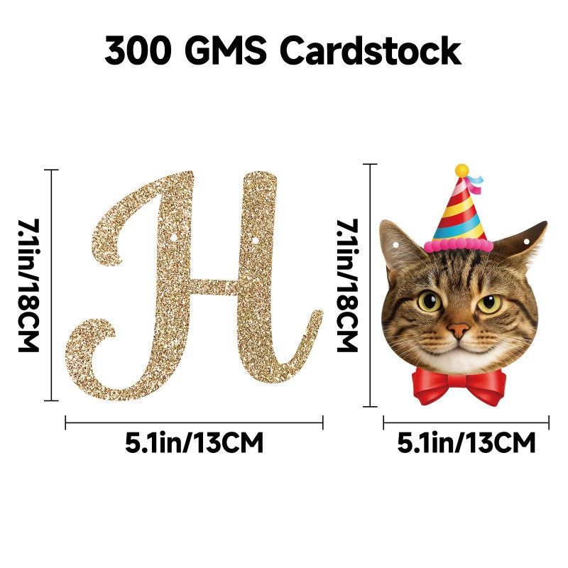 Alynta Cat Happy Birthday Banner Pre-Strung Cat Birthday Party Decorations NO DIY Gold Glitter Happy Birthday Sign Hanging Swirls for Women Men Birthday Party Supplies - Image 2