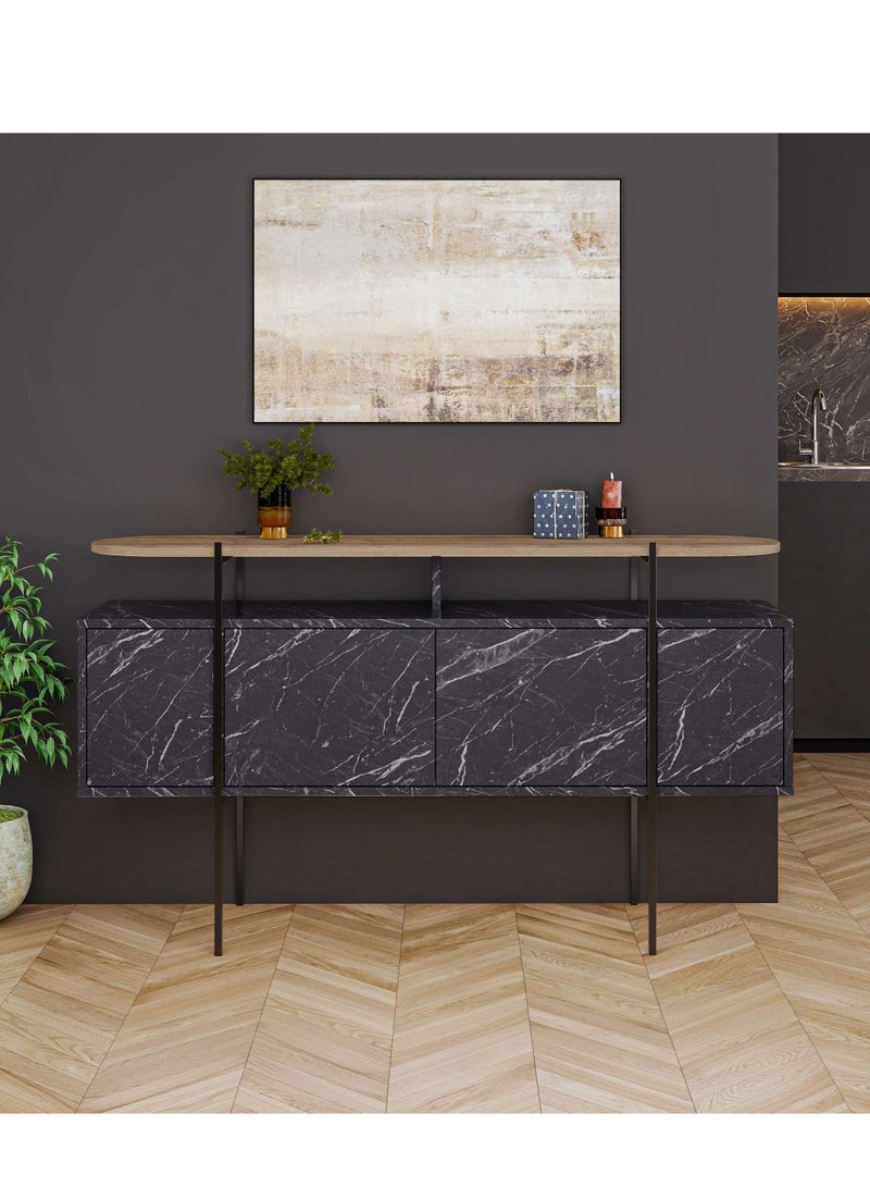 Mourah Home Hanley Console  Modern 4Door Sideboard With Sturdy Metal Legs. Spacious Storage For Living Room Dining Room And Hallway. Elegant Design  38X86X150 Cm (Black Marble Brown) - Image 1